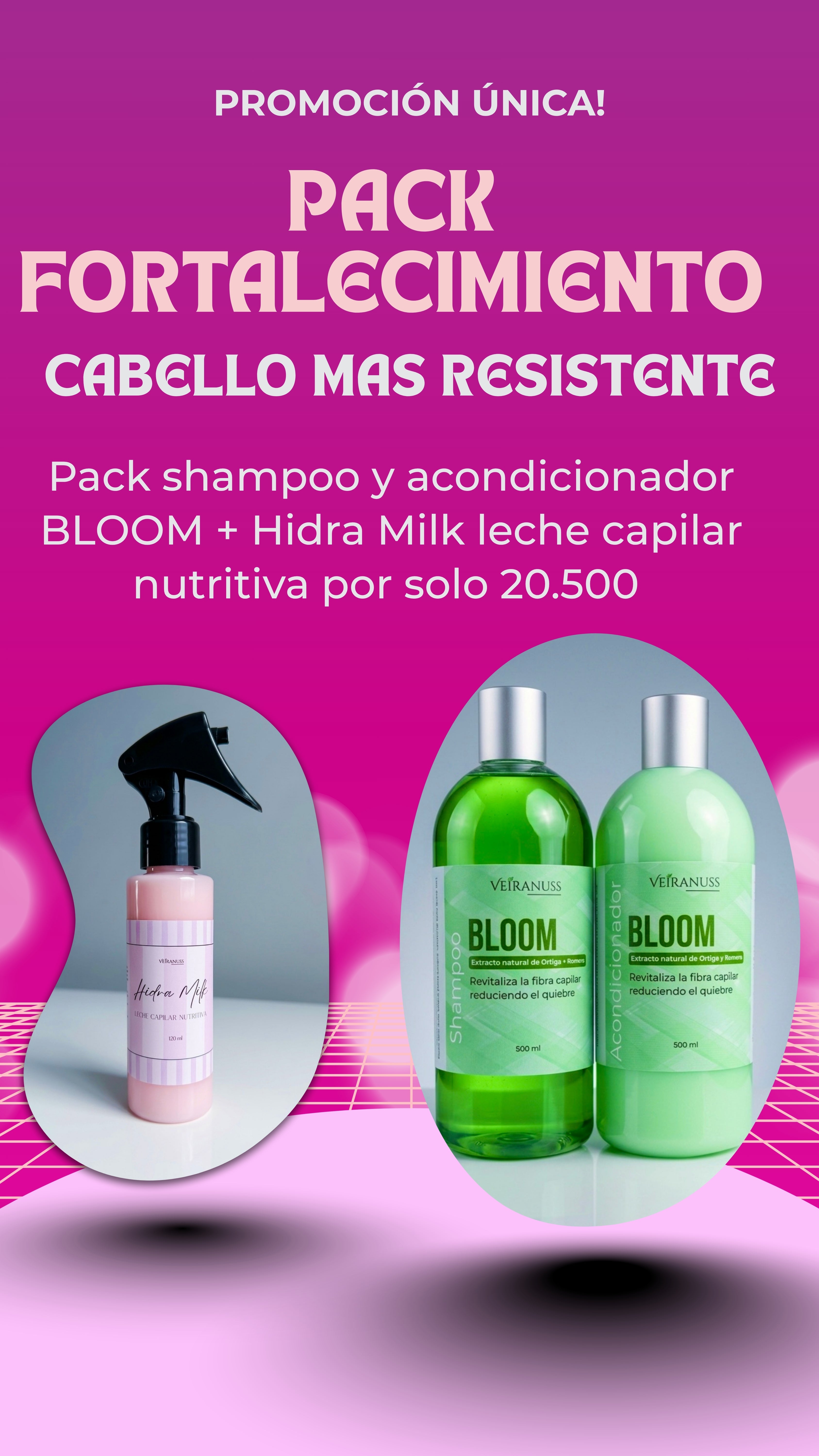 Pack Fortalecimiento - Shampoo y acondicionador BLOOM + leche capilar HIDRA MILK