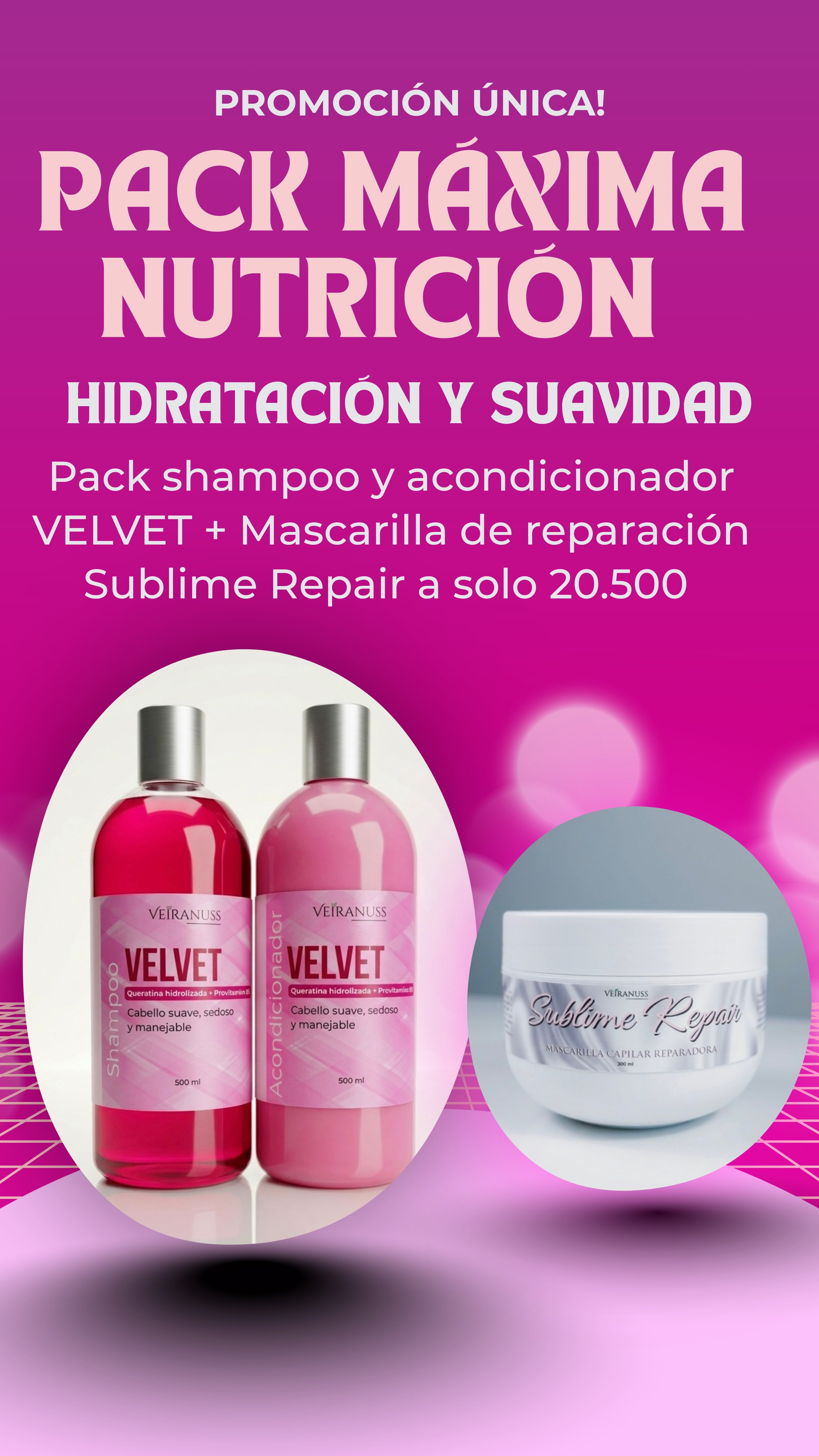 Pack Máxima Hidratación - Shampoo y acondicionador VELVET + mascarilla SUBLIME REPAIR