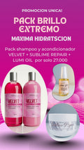 Pack Brillo Extremo - Shampoo y acondicionador VELVET + mascarilla SUBLIME REPAIR + serum para puntas LUMI OIL