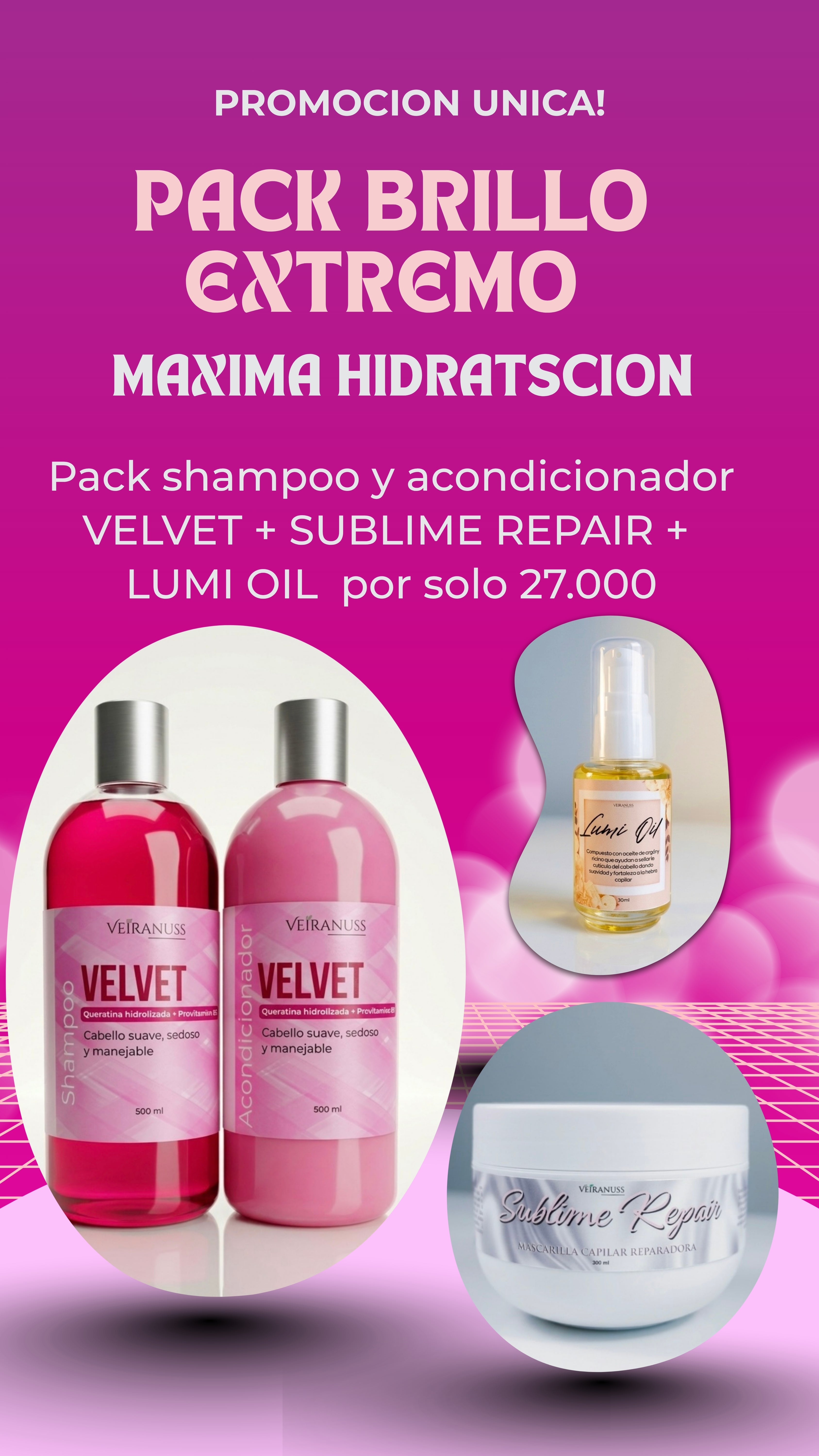 Pack Brillo Extremo - Shampoo y acondicionador VELVET + mascarilla SUBLIME REPAIR + serum para puntas LUMI OIL